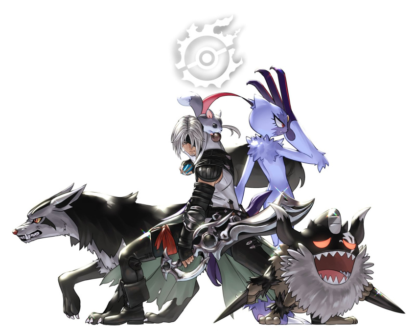 final_fantasy final_fantasy_xiv highres hyur mightyena nutkin perrserker pokemon potion_lilac sneasler tagme thancred_waters white_hair