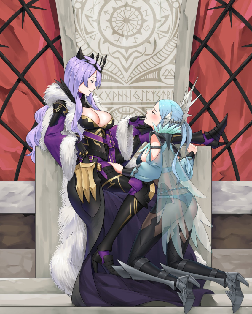 2girls armor armored_dress blue_hair breasts camilla_(fire_emblem) camilla_(light_of_nohr)_(fire_emblem) cape cleavage crown fire_emblem fire_emblem_fates fire_emblem_heroes fur_cape fur_trim grabbing_another's_chin hand_on_another's_chin high_heels highres igni_tion large_breasts multiple_girls official_alternate_costume purple_hair sitting smile throne yuri