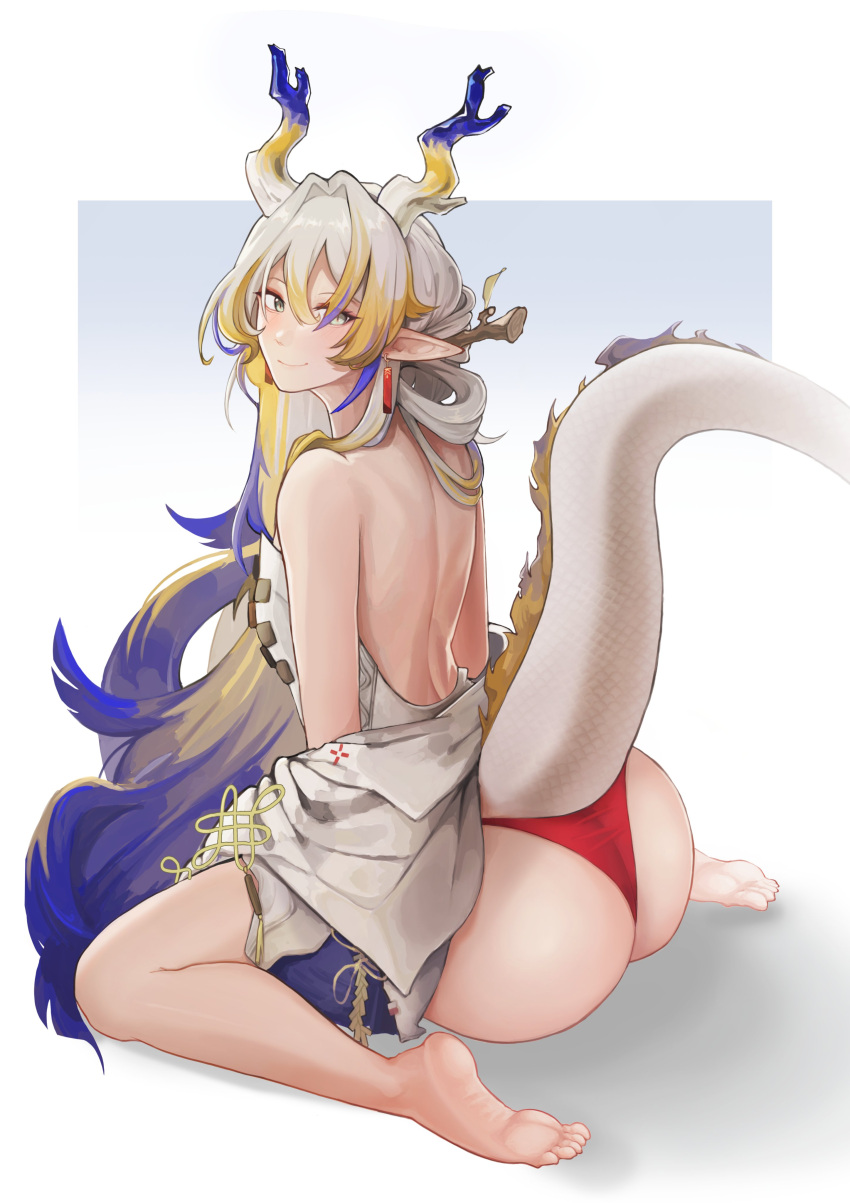 1girl absurdres arknights ass back barefoot blonde_hair commentary dragon_girl dragon_horns dragon_tail earrings english_commentary from_behind gradient_hair grey_hair hachi_(hachi_ik0) highres horns jewelry looking_at_viewer looking_back multicolored_hair panties pointy_ears purple_hair red_panties shu_(arknights) sitting smile solo tail tassel tassel_earrings underwear wariza yellow_eyes