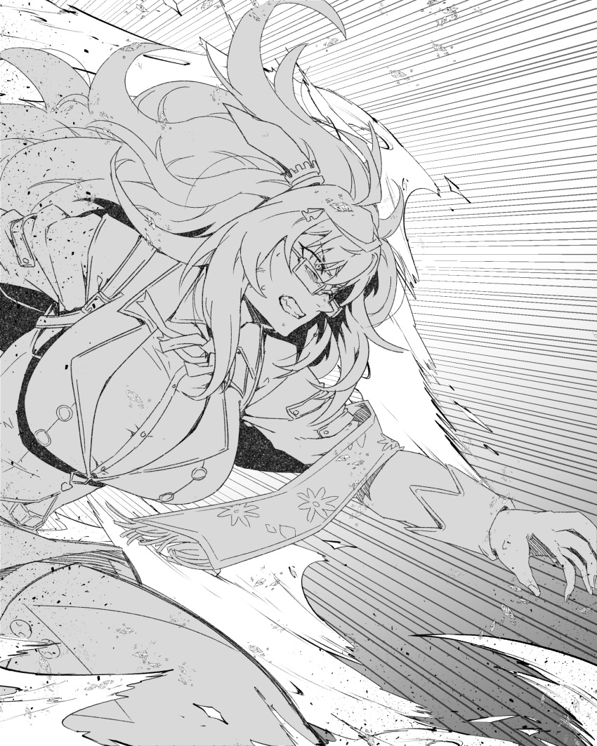1girl absurdres ahoge animal_ears biwa_hayahide_(umamusume) bow breasts buttons clenched_teeth commentary_request double-breasted ear_ornament greyscale hair_between_eyes hair_ornament highres horse_ears horse_girl jacket large_breasts long_hair long_sleeves minew monochrome motion_lines outstretched_arm running semi-rimless_eyewear skirt solo teeth umamusume