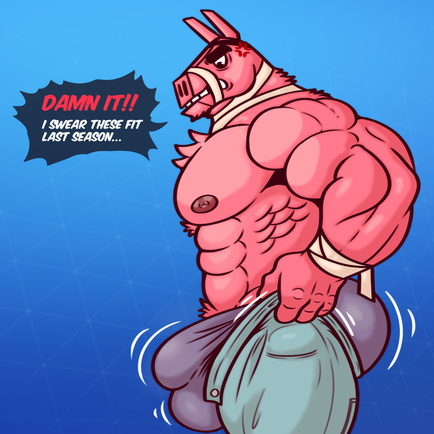 abs absurd_res angry animate_inanimate anthro bandage bandaged_arm bandaged_neck big_bulge big_butt big_pecs blue_background bottomwear bulge butt camelid clenched_teeth clothing cross-popping_vein denim denim_bottomwear denim_clothing dialogue epic_games eye_patch eyewear fortnite fur hi_res jeans living_pinata llama looking_down lt._john_llama male mammal muscular nipples pants pecs pinata pink_body pink_fur posstype simple_background solo speech_bubble teeth tight_bottomwear tight_clothing tufted_fur