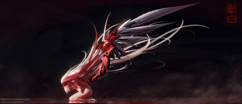 1girl absurdly_long_hair artist_logo black_background blade_wings breasts cable chinese_commentary commentary completely_nude floating_hair from_side full_body headgear highres kneeling large_wings long_hair luna:_oblivion_(punishing:_gray_raven) luna_(punishing:_gray_raven) mechanical_wings medium_breasts nude plantar_flexion profile punishing:_gray_raven sideboob single_wing solo very_long_hair web_address white_hair wings yibai