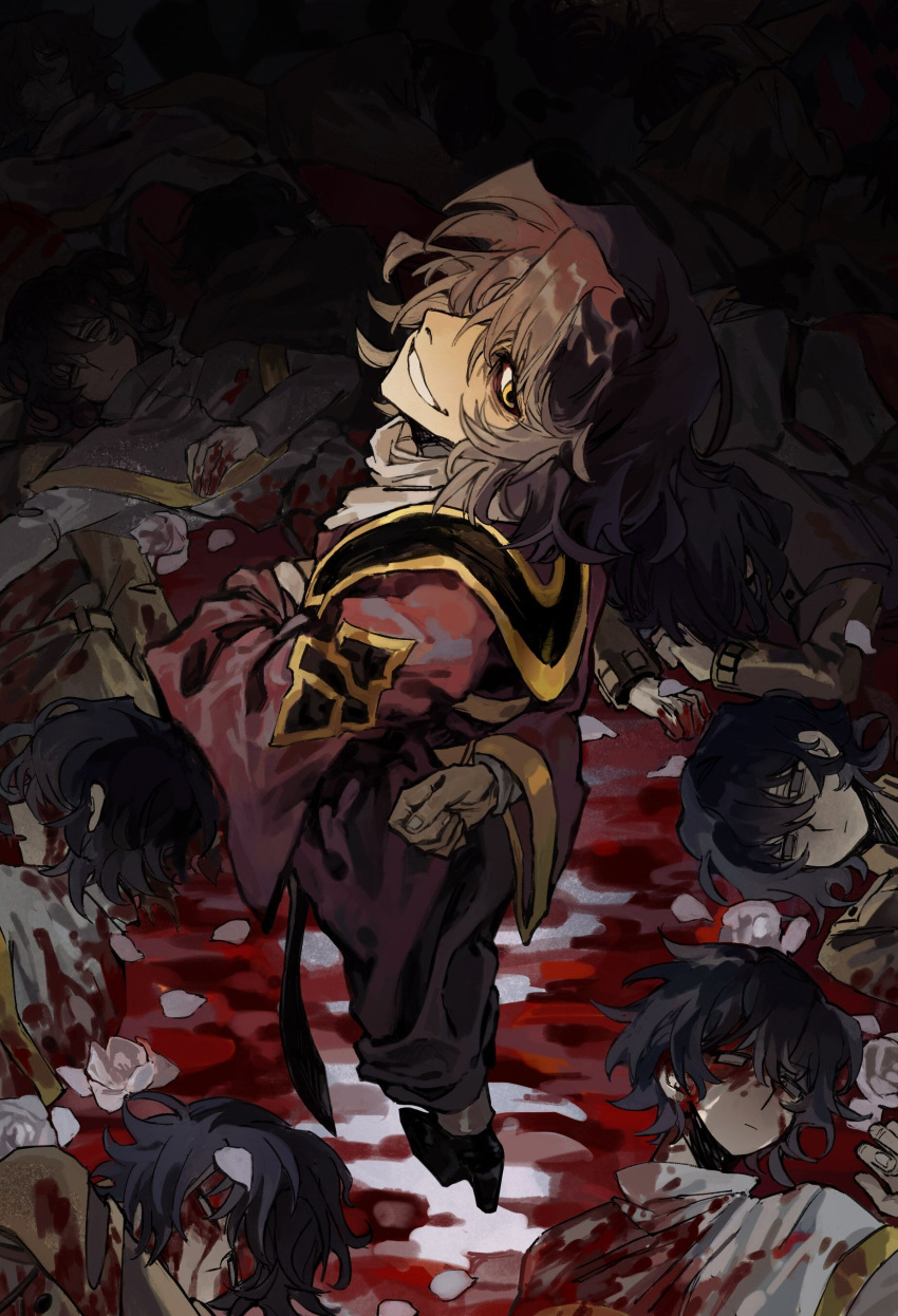 6+boys absurdres arm_behind_back blood blood_on_clothes blood_on_face blood_on_ground blue_hair capelet chinese_commentary closed_mouth commentary_request dark_blue_hair gold_trim grey_eyes grin hair_between_eyes highres long_sleeves male_focus medium_hair multiple_boys multiple_persona open_mouth purple_robe qianqiu867 robe saibou_shinkyoku shirt short_hair smile stole utsugi_noriyuki white_capelet white_shirt wide_sleeves yellow_eyes