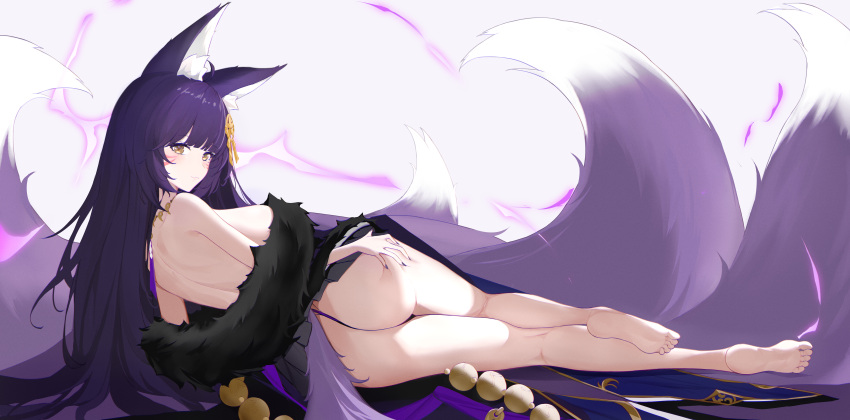 1girl absurdres animal_ears ass azur_lane bare_back bare_shoulders barefoot beads breasts facial_mark fox_ears fox_tail from_behind full_body highres jewelry kitsune kyuubi large_breasts large_tail long_hair looking_at_viewer looking_back lying magatama magatama_necklace multiple_tails musashi_(azur_lane) necklace on_side prayer_beads purple_hair rem_mie solo tail very_long_hair whisker_markings yellow_eyes