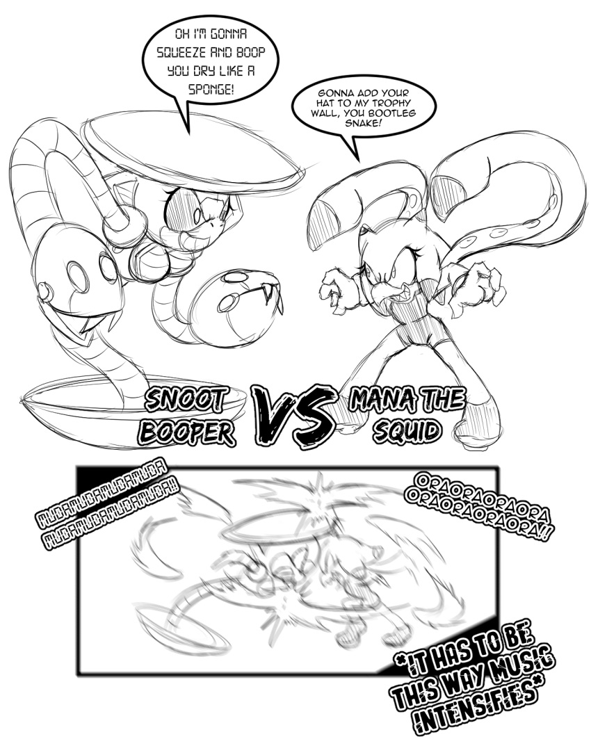 2024 4_fingers anthro back_tentacles cephalopod chaoscroc clothed clothing coleoid comic decapodiform dialogue duo english_text evil_grin fan_character female fight fingers greyscale hi_res humor jojo's_bizarre_adventure machine mana_the_squid marine mollusk monochrome reptile robot scalie sega sharp_teeth sketch smile snake snake_hands snoot_booper sonic_the_hedgehog_(series) speech_bubble teeth tentacles text