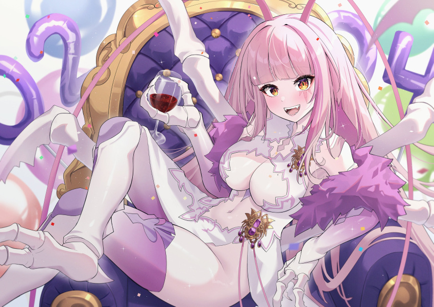 1girl absurdres antennae ardenlolo arthropod_limbs breasts cockroach_girl crossed_legs cup dated drinking_glass fangs fewer_digits happy_birthday highres large_breasts long_hair looking_at_viewer matara_kan navel pink_hair second-party_source sitting_sideways throne virtual_youtuber vshojo wine_glass yellow_eyes