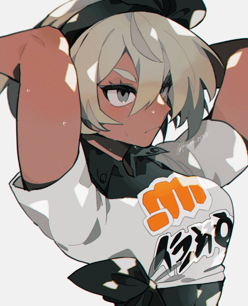 1girl arms_up bea_(pokemon) black_hairband closed_mouth dark-skinned_female dark_skin grey_eyes grey_hair hair_between_eyes hairband highres kawasaki_(kwsk_8765) looking_to_the_side pokemon pokemon_swsh shirt short_hair short_sleeves solo sweat white_background