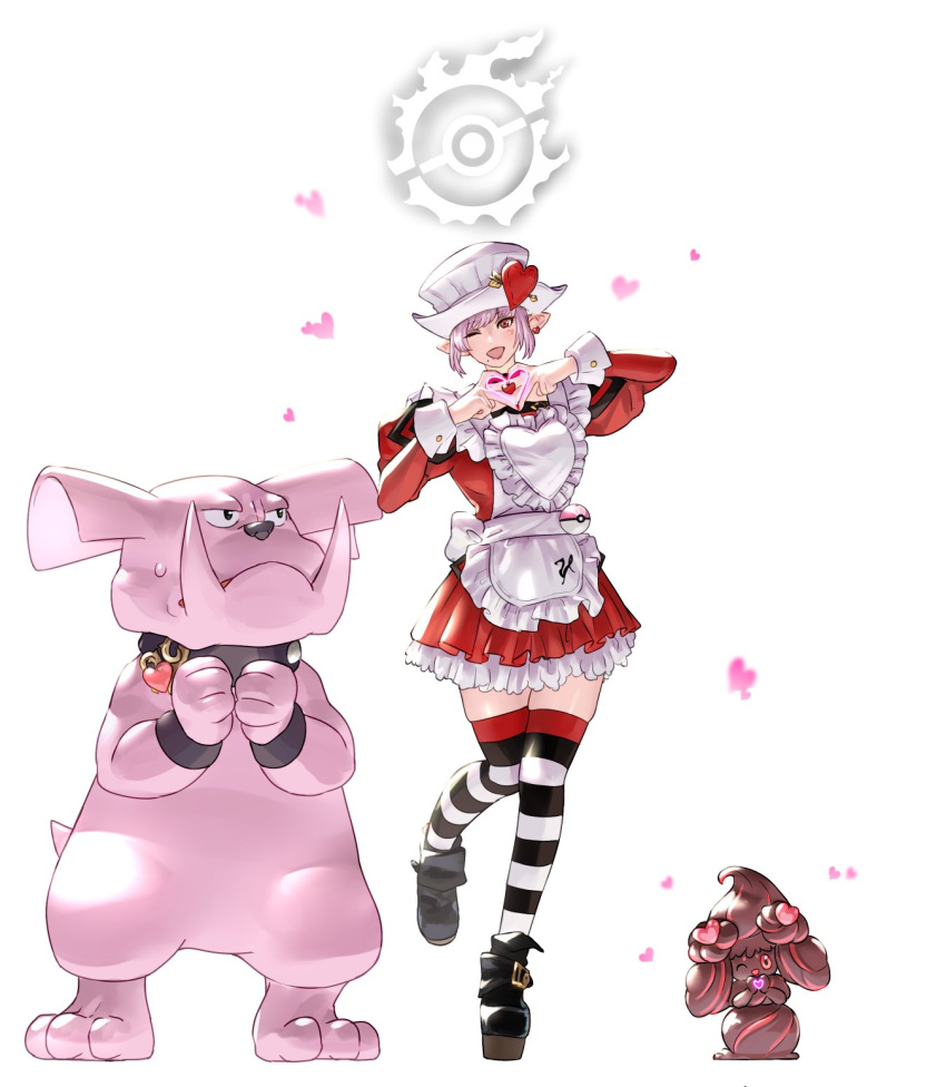 alcremie apron elezen elf final_fantasy final_fantasy_xiv granbull hat heart heart_hands highres lisette_de_valentione one_eye_closed pink_hair platform_footwear pointy_ears pokemon potion_lilac red_eyes short_hair skindentation thighhighs