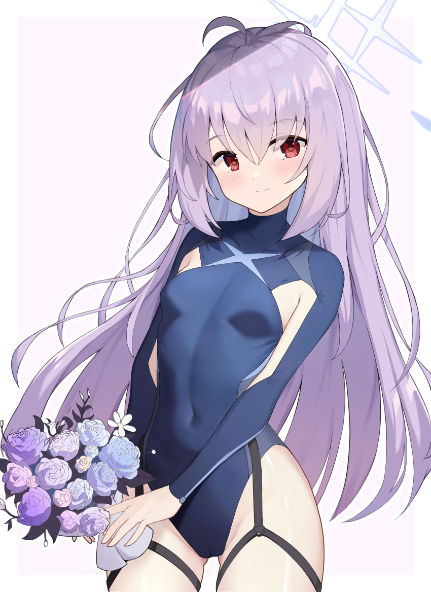 1girl absurdres ahoge atsuko_(blue_archive) blue_archive blue_halo blue_leotard blush border bouquet breasts closed_mouth cowboy_shot flower groin hair_between_eyes halo highres holding holding_bouquet leotard long_hair long_sleeves looking_at_viewer pink_flower pu_ht purple_flower purple_hair red_eyes revision small_breasts smile solo white_border