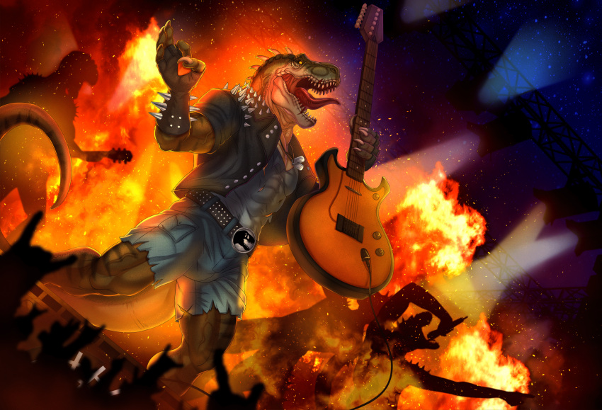 abs anthro biceps claws concert dinosaur electric_guitar fire gotikamaamakitog guitar hi_res male muscular muscular_anthro muscular_male musical_instrument pecs plucked_string_instrument reptile rocco_(tallion) scales scalie sharp_teeth string_instrument teeth theropod tongue tongue_out tyrannosaurid tyrannosaurus tyrannosaurus_rex vein veiny_muscles