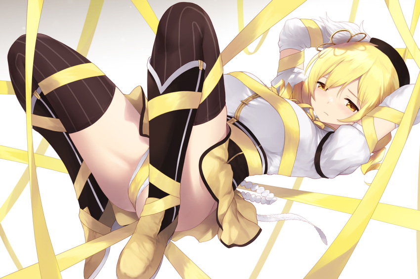 1girl arms_up blonde_hair breasts cait_aron looking_at_viewer mahou_shoujo_madoka_magica mahou_shoujo_madoka_magica_(anime) shibari shirt skirt solo thighs tomoe_mami upskirt white_background white_shirt yellow_eyes yellow_skirt