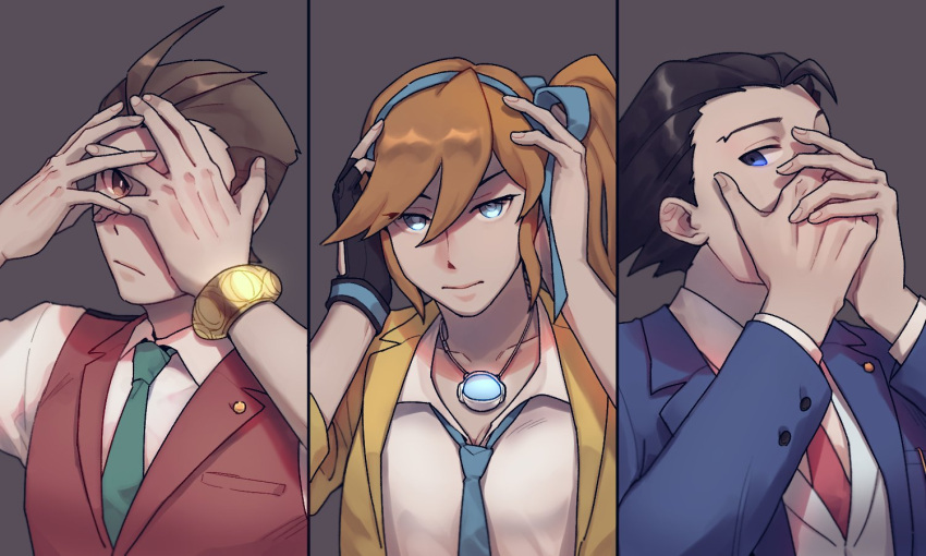 1girl 2boys ace_attorney apollo_justice athena_cykes black_gloves black_hair blue_bow blue_eyes blue_jacket blue_necktie bow bracelet brown_eyes brown_hair closed_mouth collared_shirt covering_own_ears covering_own_eyes covering_own_mouth expressionless fingerless_gloves gloves green_necktie hair_between_eyes hair_bow jacket jewelry long_hair looking_at_viewer multiple_boys naru_ppa necklace necktie open_clothes open_jacket orange_hair phoenix_wright red_necktie red_vest shirt short_hair side_ponytail single_glove three_monkeys upper_body vest white_shirt yellow_jacket