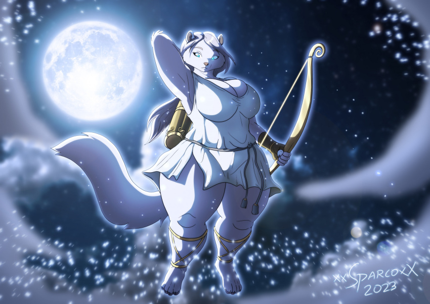 2023 artemis_(deity) artemis_(xxsparcoxx) big_breasts blue_eyes bow_(weapon) breasts clothed clothing curvy_figure digital_media_(artwork) european_mythology female glowing greek_mythology hair hi_res huge_breasts light mammal mink moon moonlight mustelid musteline mythology quiver ranged_weapon solo thick_thighs true_musteline voluptuous weapon wide_hips xxsparcoxx