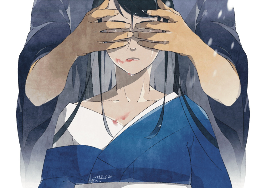 1boy 1girl arms_at_sides blue_kimono chaninin closed_mouth collarbone covering_another's_eyes crying dated earrings facing_viewer gegege_no_kitarou hair_between_eyes hair_down hands_on_another's_face height_difference japanese_clothes jewelry kimono kitarou_tanjou:_gegege_no_nazo layered_clothes layered_kimono lipstick long_hair long_sleeves loose_hair_strand makeup motion_blur nagata_genji obi off_shoulder out_of_frame purple_eyes ryuuga_otsumai sash signature simple_background smeared_lipstick straight-on swept_bangs upper_body white_background
