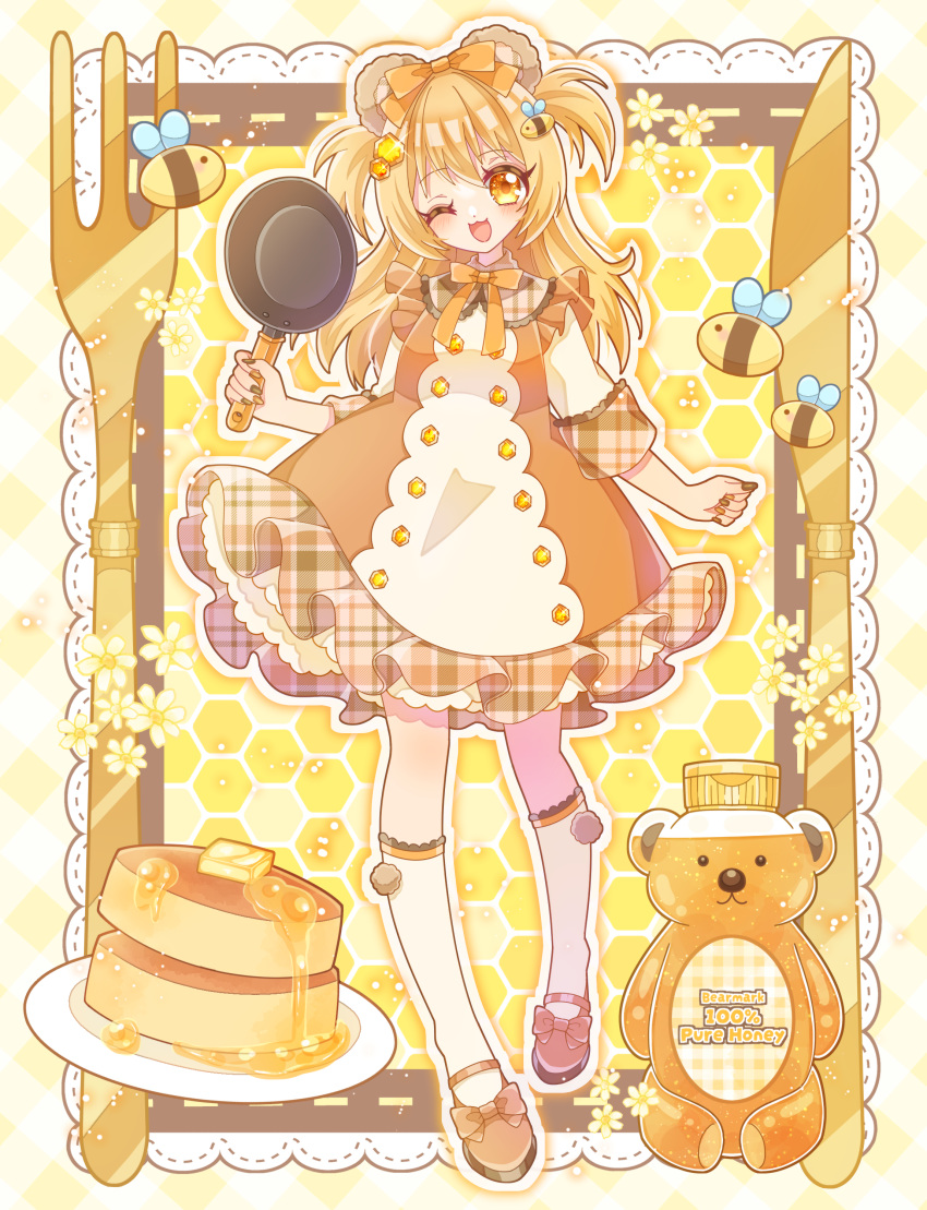 1girl :3 absurdres animal_ears bear_ears bee bee_hair_ornament blonde_hair bow bug collared_dress dress fake_animal_ears flower food footwear_bow fork frying_pan full_body hair_bow hair_ornament highres hiyoko_miya holding holding_frying_pan honey honeycomb_(pattern) honeycomb_background knife long_hair multicolored_nails nail_polish neck_ribbon one_eye_closed open_mouth orange_eyes original pancake pancake_stack plaid plaid_collar plate ribbon smile socks solo syrup two_side_up