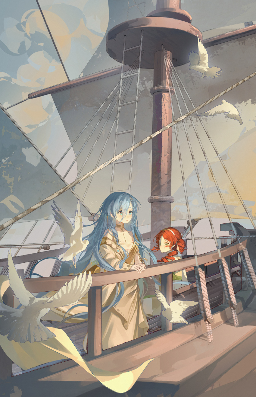 2girls 37_(reverse:1999) absurdres ancient_greek_clothes bird blue_eyes blue_hair blue_sky cloud drill_hair gold_choker greco-roman_clothes hair_between_eyes hair_bun hand_on_railing highres kasuka_(18206541) long_hair looking_afar looking_at_another looking_back multiple_girls outdoors red_hair reverse:1999 sail sailing_ship shroud_(sailing) single_side_bun sitting sky sophia_(reverse:1999) standing toga upper_body very_long_hair white_bird wooden_railing