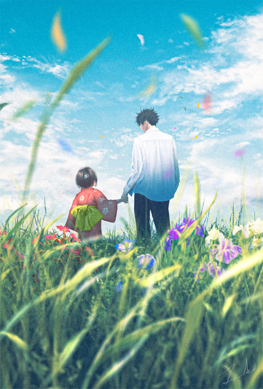 1boy 1girl absurdres black_hair black_pants blue_sky cloud day floral_print flower grass highres japanese_clothes kimono original outdoors pants red_kimono shirt short_hair sky tamaki_(tamaki_illust) white_shirt