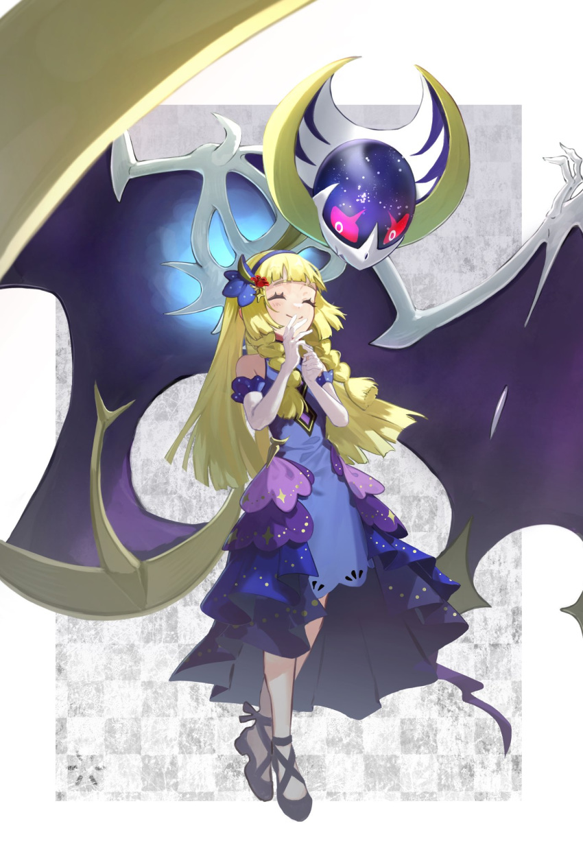 1girl bare_shoulders blonde_hair blue_dress braid closed_eyes closed_mouth dress elbow_gloves full_body gloves highres lillie_(anniversary_2021)_(pokemon) lillie_(pokemon) long_hair lunala official_alternate_costume pokemon pokemon_(creature) pokemon_masters_ex smile sora_no87 twin_braids white_gloves