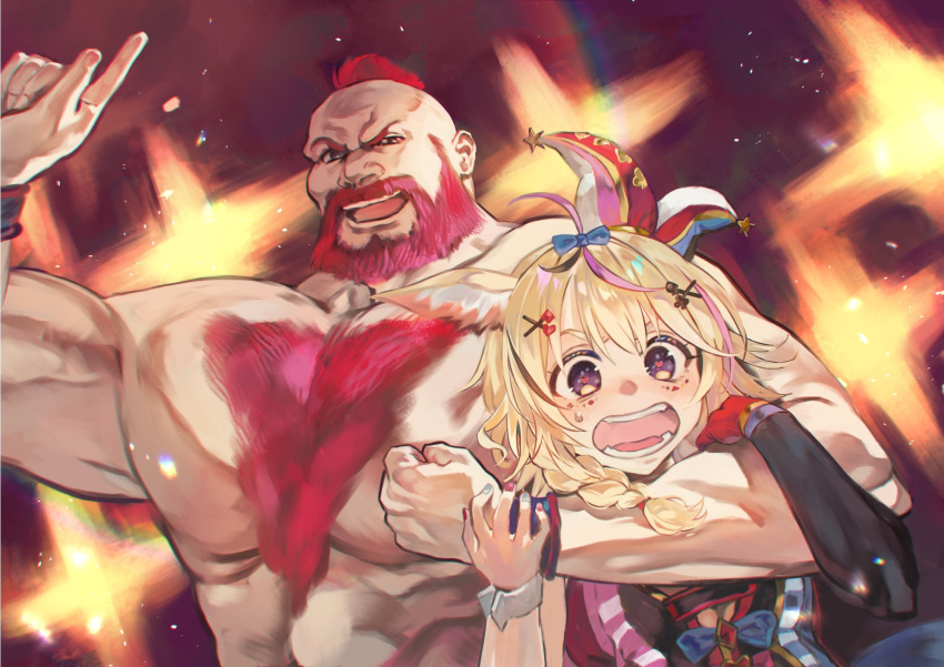 1boy 1girl animal_ears beard black_hair blonde_hair brown_hair chest_hair facial_hair fox_ears fox_girl grey_nails highres hololive large_pectorals looking_at_viewer mohawk multicolored_hair muscular muscular_male omaru_polka omaru_polka_(1st_costume) open_mouth otsudou pectorals pink_hair pink_nails short_hair smile streaked_hair street_fighter street_fighter_6 virtual_youtuber wristband zangief