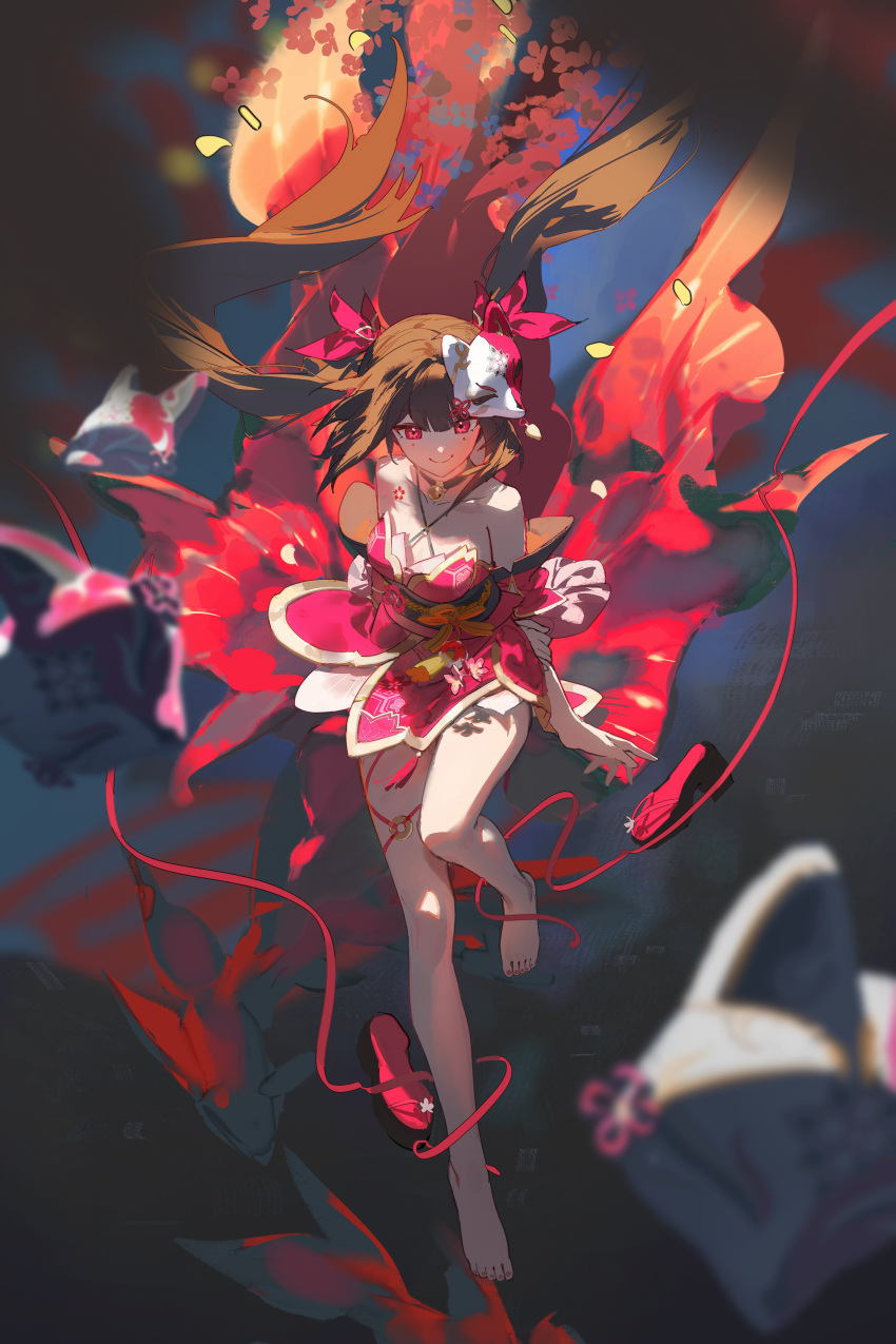 1girl absurdres arm_behind_back bare_shoulders barefoot bell black_footwear brown_hair closed_mouth commentary_request criss-cross_halter dress flower_tattoo fox_mask full_body halterneck highres honkai:_star_rail honkai_(series) long_hair looking_at_viewer mask mask_on_head neck_bell obi rafaelaaa red_dress red_eyes sash shoes smile solo sparkle_(honkai:_star_rail) tassel tattoo unworn_shoes