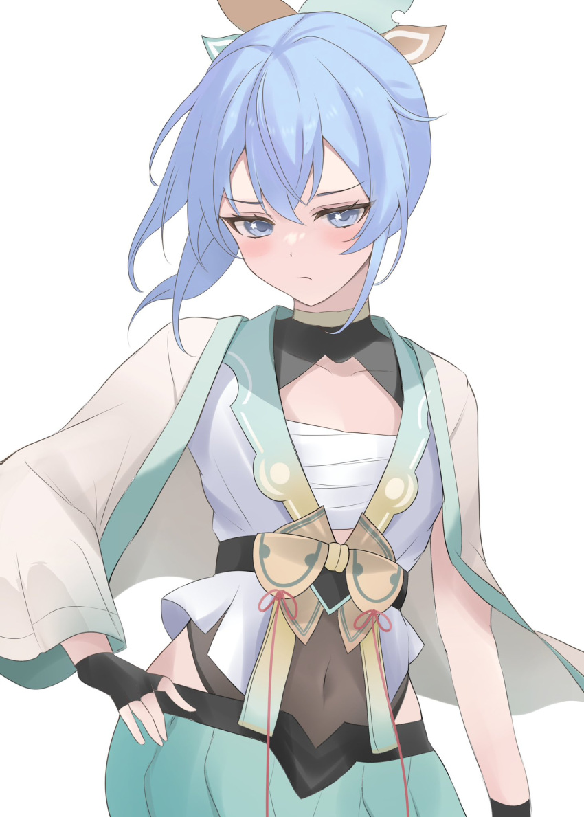 black_gloves blue_eyes blue_hair chest_sarashi fawny frown gloves hair_ornament hand_on_own_hip haori highres hololive hoshimachi_suisei japanese_clothes kazama_iroha kazama_iroha_(1st_costume) leaf_hair_ornament looking_at_viewer navel partially_fingerless_gloves sarashi simple_background star_(symbol) star_in_eye stomach symbol_in_eye virtual_youtuber white_background