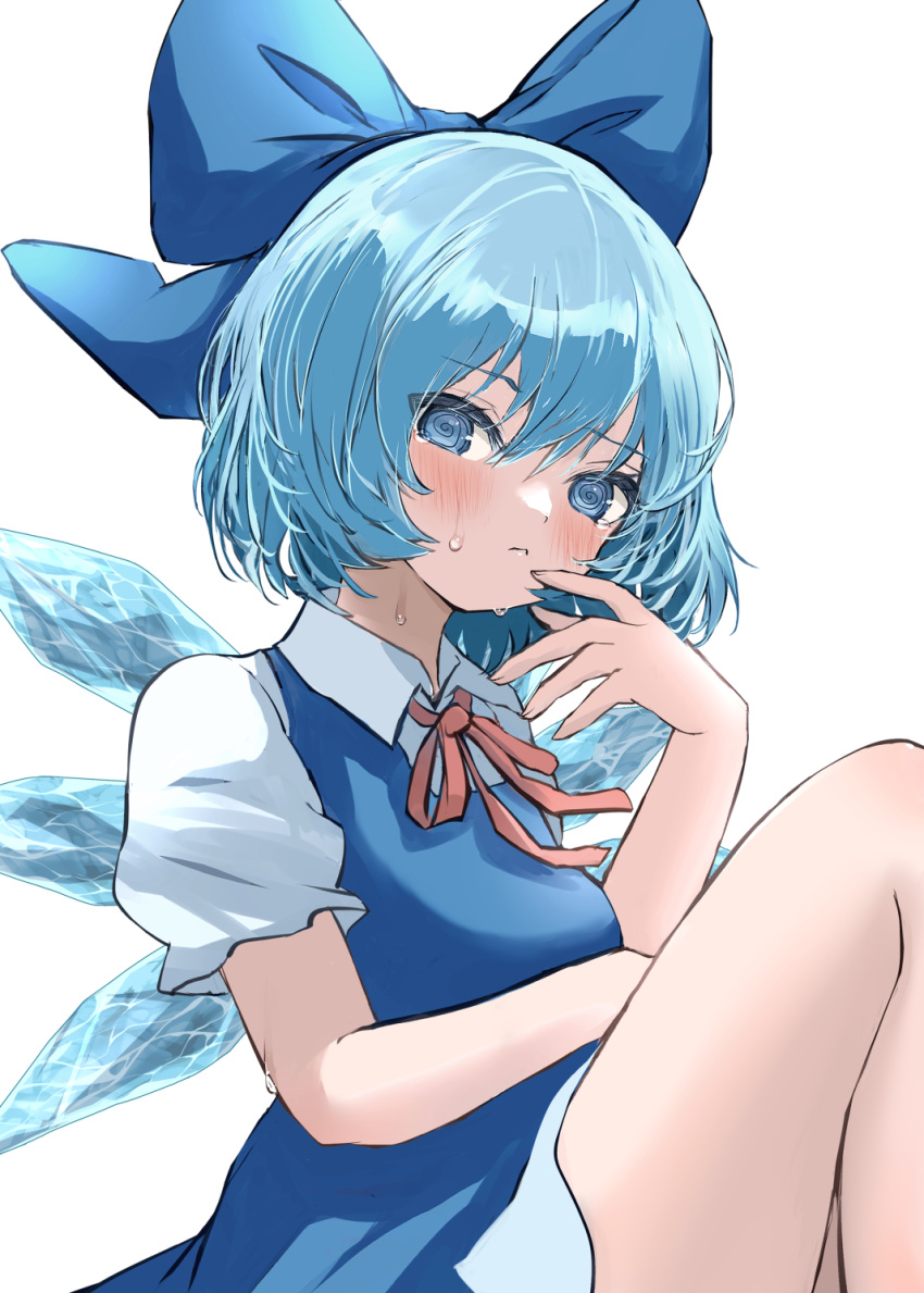 1girl @_@ blue_bow blue_dress blue_eyes blue_hair blush bow cirno closed_mouth collared_shirt dress fairy hair_between_eyes hair_bow highres ice ice_wings mikan_(manmarumikan) pinafore_dress shirt short_hair short_sleeves simple_background sleeveless sleeveless_dress solo sweat touhou white_background white_shirt wings