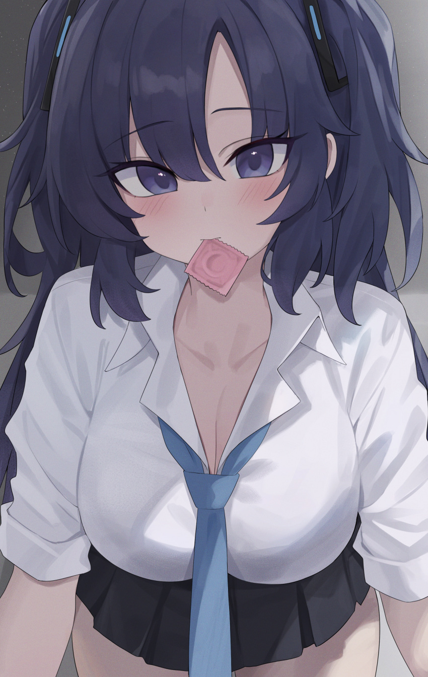 1girl absurdres black_skirt blue_archive blue_necktie blush breasts cleavage closed_mouth collared_shirt condom condom_wrapper cowboy_shot hair_between_eyes highres large_breasts long_hair looking_at_viewer mouth_hold necktie pleated_skirt purple_eyes purple_hair shirt skirt solo two_side_up white_shirt yuuka_(blue_archive) zeatto