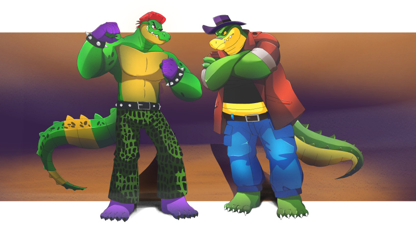 2024 absurd_res alligator alligatorid anthro biped bottomwear brok_(brok_the_investigator) brok_the_investigator clothing crocodilian duo five_nights_at_freddy's gin_0010 green_body hat headgear headwear hi_res humanoid_hands male pants reptile scalie scottgames shirt topwear