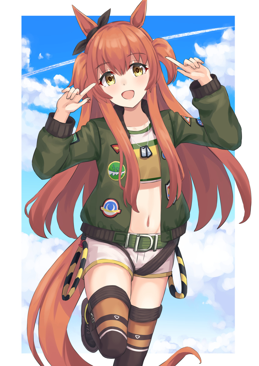 1girl absurdres animal_ears belt black_footwear black_jacket black_thighhighs blush border career_inada commentary contrail crop_top feet_out_of_frame grey_belt hair_between_eyes highres horse_ears horse_girl jacket long_hair long_sleeves looking_at_viewer mayano_top_gun_(umamusume) midriff navel one_eye_closed one_side_up open_mouth orange_hair orange_tail outside_border pointing pointing_at_self shirt shoes short_shorts shorts smile solo standing standing_on_one_leg stomach tail thighhighs thighs umamusume very_long_hair white_border white_shorts yellow_eyes yellow_shirt