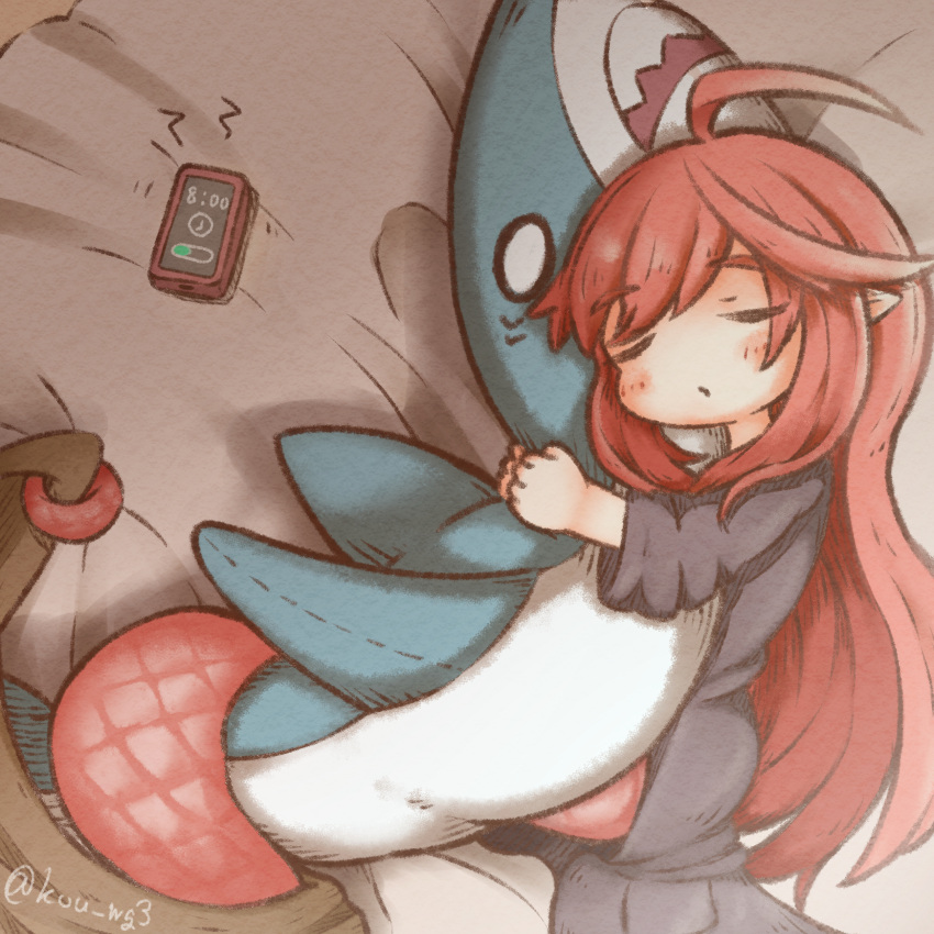 1girl absurdres ahegao black_dress blanket blush cellphone clock closed_mouth dress frown highres holding holding_stuffed_toy lamia long_hair monster_girl o_o on_bed original phone pointy_ears rami_(weegie) red_hair red_scales sleeping snake_tail solo stuffed_animal stuffed_shark stuffed_toy tail translation_request very_long_hair weegie
