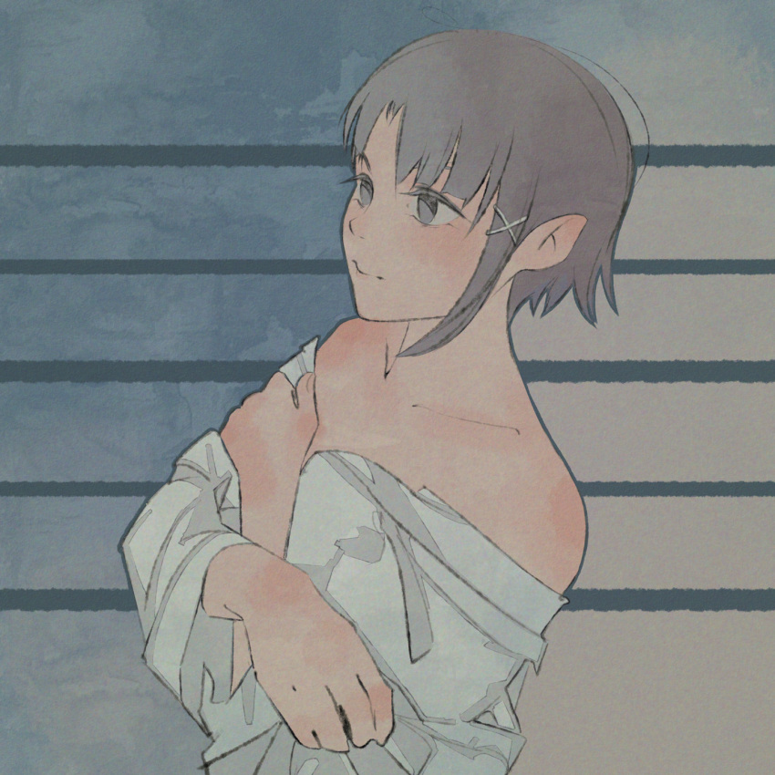 1girl bare_shoulders black_eyes brown_hair closed_mouth collarbone crossed_arms hair_ornament highres iwakura_lain light_smile loose_clothes loose_shirt moshimoshibe serial_experiments_lain shirt short_hair single_sidelock solo striped_background two-tone_background upper_body white_shirt x_hair_ornament