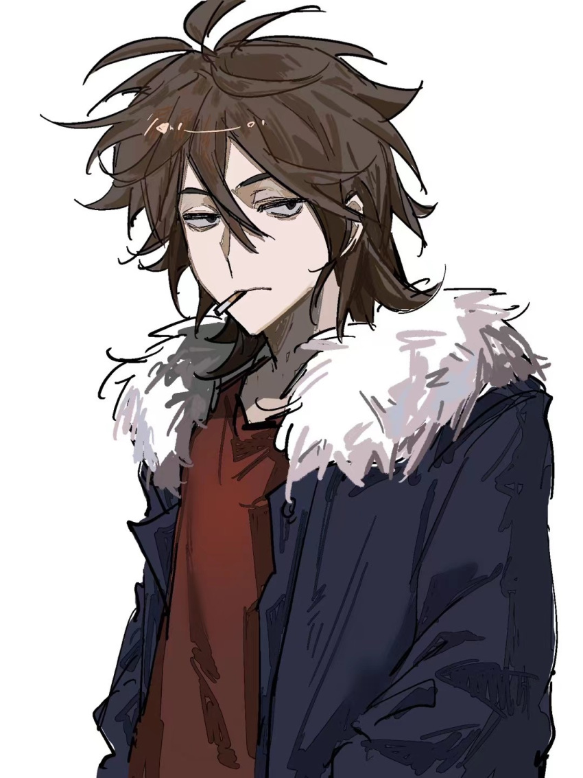 1boy ahoge alternate_eye_color aoyi2579 black_eyes blue_jacket brown_hair chinese_commentary closed_mouth commentary fur-trimmed_jacket fur_trim hair_between_eyes highres isoi_reiji jacket long_sleeves male_focus medium_hair open_clothes open_jacket red_shirt saibou_shinkyoku sanpaku shirt simple_background solo upper_body white_background