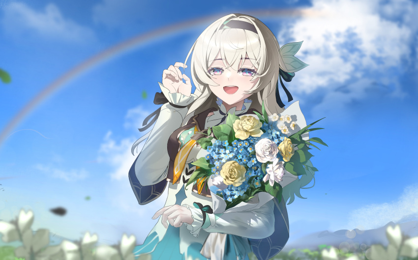 1girl absurdres black_capelet black_hairband blue_sky blurry bouquet capelet cloud eamut1 firefly_(honkai:_star_rail) hairband hand_up highres holding holding_bouquet honkai:_star_rail honkai_(series) long_sleeves multicolored_eyes open_mouth rainbow sky smile solo teeth upper_body upper_teeth_only