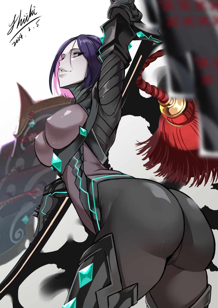 1girl absurdres arm_up armor black_bodysuit black_eyes bodysuit breasts fate/grand_order fate/samurai_remnant fate_(series) grey_bodysuit highres japanese_armor katana large_breasts looking_at_viewer looking_back minamoto_no_raikou_(fate) neon_trim parted_bangs parted_lips purple_hair rider_(fate/samurai_remnant) shiiki_(love-saber) short_hair shoulder_armor smile sode solo sword thighs two-tone_bodysuit weapon