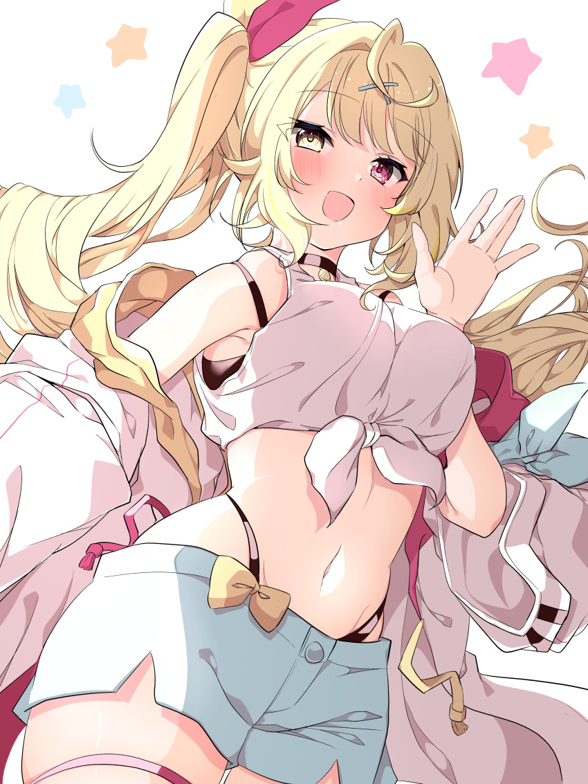 1girl absurdres blonde_hair blue_shorts blush breasts commentary_request cowboy_shot hair_ribbon hand_up heterochromia highleg highleg_panties highres hoshikawa_sara jacket large_breasts long_hair looking_at_viewer midriff navel nijisanji off_shoulder open_clothes open_jacket open_mouth panties pink_eyes pink_ribbon ribbon shirt shorts sleeveless sleeveless_shirt smile solo star_(symbol) tied_shirt twintails underwear virtual_youtuber white_background white_jacket white_shirt yellow_eyes yunon_oto_mad