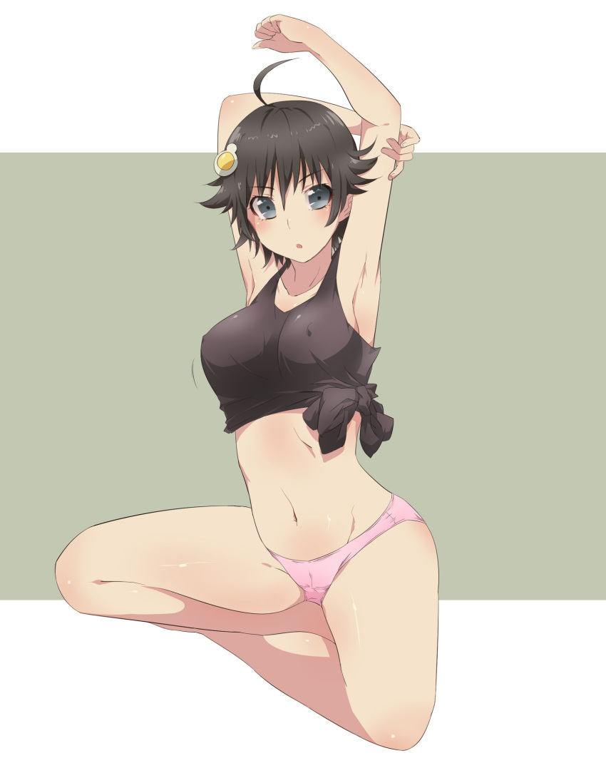 1girl :o ahoge araragi_karen armpits arms_behind_head arms_up black_eyes black_hair black_tank_top breasts cameltoe collarbone commentary covered_nipples egg_hair_ornament food-themed_hair_ornament fried_egg full_body green_background groin hair_ornament highres indian_style kakoikaren large_breasts letterboxed light_blush looking_at_viewer midriff monogatari_(series) motion_lines navel no_bra no_pants on_ground outside_border panties parted_lips pink_panties short_hair side-tie_shirt sitting solo stretching tank_top underwear white_background
