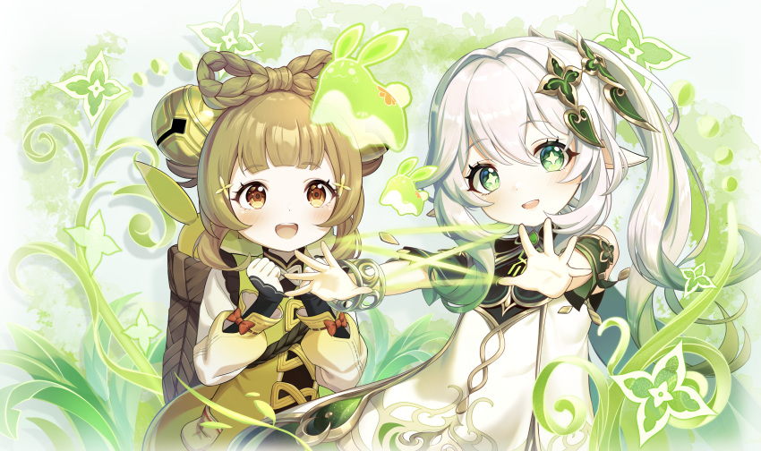 2girls bare_shoulders bell blush bow-shaped_hair braid brown_eyes brown_hair child commentary_request detached_sleeves dress genshin_impact gradient_hair green_hair hair_bell hair_ornament highres jingle_bell leaf_hair_ornament long_hair long_sleeves multicolored_hair multiple_girls nahida_(genshin_impact) open_mouth pointy_ears puffy_long_sleeves puffy_sleeves rice_rabbit22 short_hair short_sleeves sleeveless sleeveless_dress streaked_hair teeth two-tone_hair upper_body upper_teeth_only white_dress white_hair yaoyao_(genshin_impact)