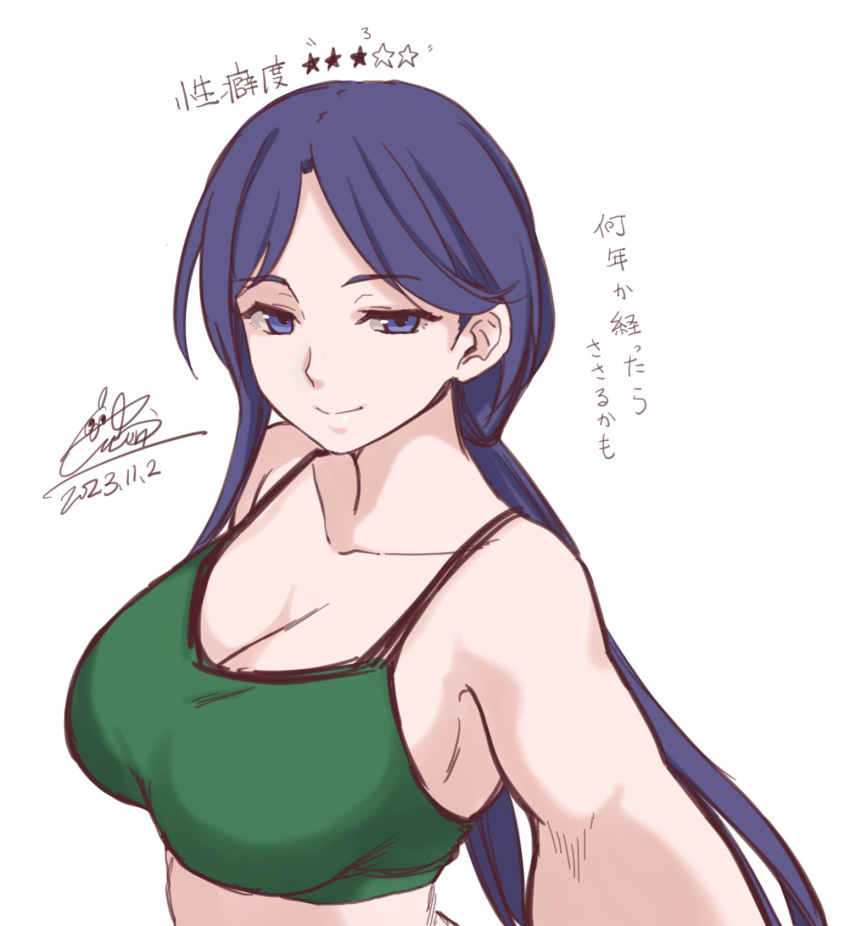 1girl breasts cleavage closed_mouth commentary_request cototiworld dated green_sports_bra highres large_breasts long_hair looking_at_viewer purple_eyes purple_hair signature simple_background smile solo sports_bra toaru_majutsu_no_index translation_request white_background yomikawa_aiho