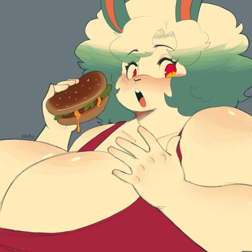 anthro big_breasts breasts burger clothed clothing digital_media_(artwork) eldiipiid female food fur hair hi_res huge_breasts hyper lagomorph leporid looking_at_viewer mammal marina_gray_(eldiipiid) open_mouth overweight overweight_female rabbit red_eyes simple_background solo white_body white_fur