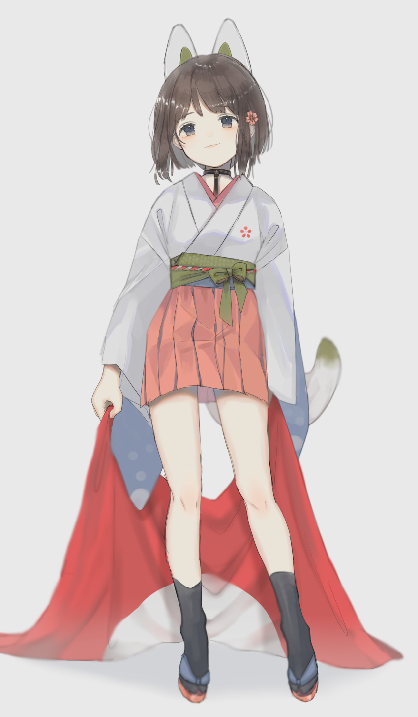 1girl animal_ears bare_legs black_choker black_eyes black_socks blurry bow brown_hair cape choker closed_mouth depth_of_field flower full_body green_bow green_sash hair_flower hair_ornament highres holding holding_cape holding_clothes japanese_clothes kimono looking_at_viewer medium_hair nekoniku_(neko_1013) nostrils original pink_skirt pleated_skirt red_cape sandals sash short_hair single_sidelock skirt socks solo standing tail unworn_cape white_kimono