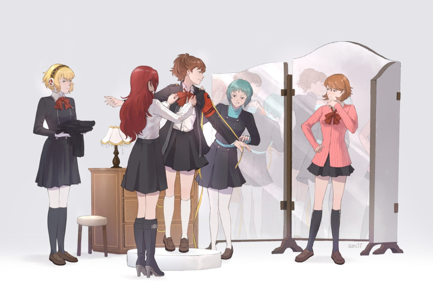 5girls aegis_(persona) ascot blonde_hair blue_hair brown_hair dressing_another fitting_room gekkoukan_high_school_uniform high_heels kirijou_mitsuru kneehighs long_hair looking_at_another mirror multiple_girls persona persona_3 persona_3_portable red_ascot red_hair sarcii school_uniform shiomi_kotone skirt socks standing takeba_yukari tape_measure yamagishi_fuuka