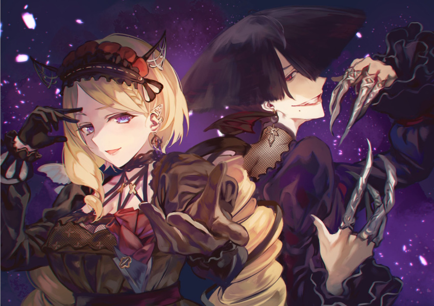2girls a.k.i._(street_fighter) aki_rosenthal black_dress black_gloves black_hair blonde_hair breasts claw_(weapon) claw_ring closed_mouth dress earrings evil_smile falling_petals gloves hair_over_one_eye highres hololive impossible_hair jewelry large_breasts medium_hair mole mole_under_mouth multiple_girls otsudou petals purple_eyes red_lips short_hair smile street_fighter street_fighter_6 tassel tassel_earrings teeth virtual_youtuber weapon