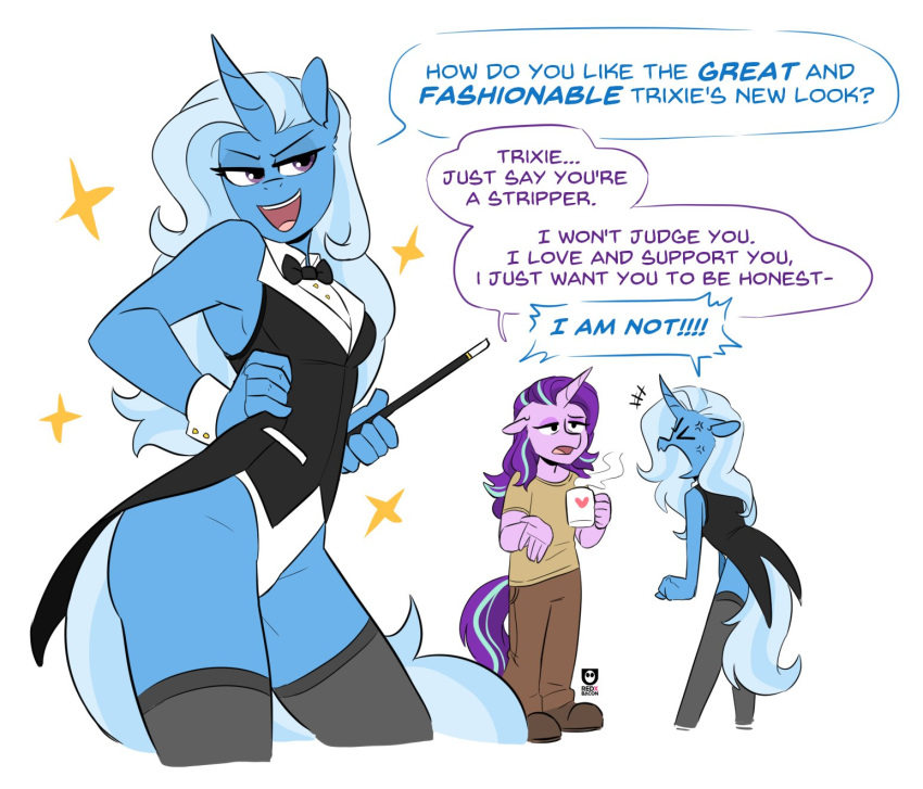 &lt;3 angry anthro anthrofied blue_body blue_fur blue_hair clothing coffee_cup coffee_mug container costume cross-popping_vein cup equid equine female friendship_is_magic fur hair hasbro hi_res horn legwear magic_wand mammal my_little_pony purple_eyes redxbacon simple_background standing starlight_glimmer_(mlp) steam stockings trixie_(mlp) unicorn white_background