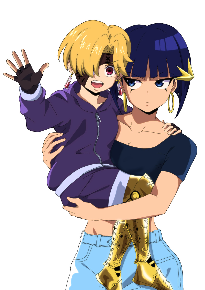 1boy 1girl absurdres age_difference aged_down black_gloves blonde_hair blue_eyes blue_hair blue_pants breasts carrying carrying_person cleavage closed_mouth commentary_request crop_top dangle_earrings dark_blue_hair earrings eyeliner eyepatch fingerless_gloves gloves hair_ornament highres hood hoodie hoop_earrings jewelry latla_mirah looking_at_viewer makeup mechanical_legs open_mouth pants purple_hoodie purple_shorts red_eyes rip_(undead_unluck) rune_yui short_hair shorts simple_background smile undead_unluck waving white_background