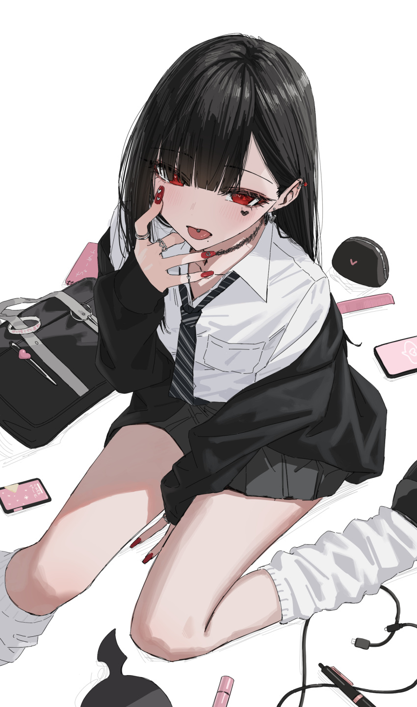 1girl absurdres bag black_bag black_hair black_necktie black_skirt cellphone commentary_request earrings fingerless_gloves from_above gloves hara_kenshi heart_stickers highres jewelry long_hair looking_at_viewer loose_socks multiple_rings nail_polish necktie open_mouth original phone piercing red_eyes red_nails ring school_bag school_uniform shirt simple_background skirt socks sticker_on_face striped_necktie thighs tongue tongue_out tongue_piercing white_background white_shirt white_socks