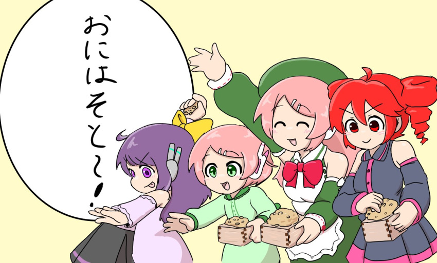 5girls :p ^_^ apron arm_up beans beret black_skirt black_sleeves blush bow bowtie box closed_eyes closed_mouth collared_dress cowboy_shot detached_sleeves dress drill_hair green_dress green_eyes green_headwear green_sleeves hair_ornament hairclip hat holding holding_box kasane_teto lineup long_hair looking_ahead mamemaki masu momone_momo momone_sumomo multiple_girls open_mouth pink_dress pink_hair pleated_skirt purple_dress purple_eyes purple_hair purple_sleeves raised_eyebrows red_bow red_bowtie red_eyes red_hair robot_ears saruyama_ushirou setsubun short_hair simple_background skirt sleeveless sleeveless_dress smile smirk speech_bubble standing swept_bangs tongue tongue_out translated twin_drills utane_oto utane_uta utau white_apron yellow_background