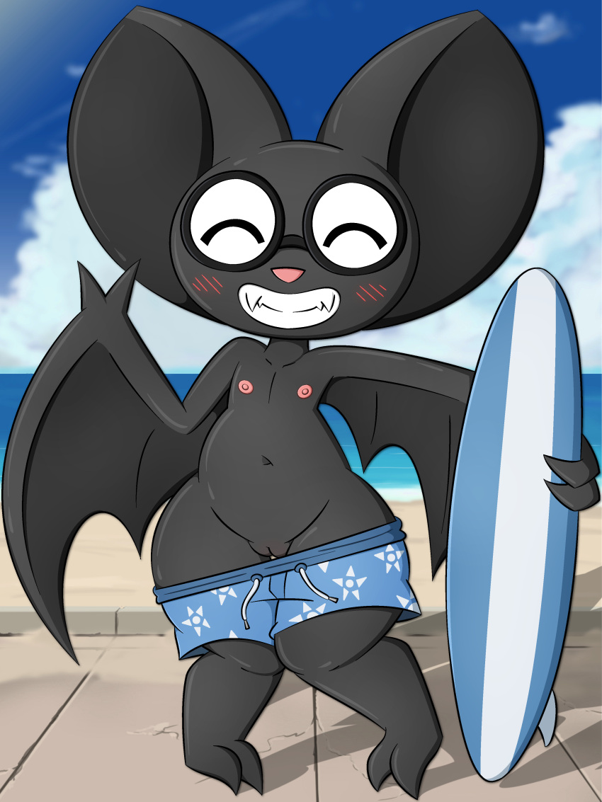 2024 absurd_res anthro bat big_ears black_body black_fur blue_clothing blue_swimming_trunks blue_swimwear blush blush_lines breasts clothed clothing cloud collarbone day drawstring exhibitionism eyes_closed eyewear fangs female flat_chested fur genitals gesture glasses grin hi_res holding_surfboard mabel_(zinzoa) male_swimwear_challenge mammal membrane_(anatomy) membranous_wings mostly_nude_anthro mostly_nude_female navel nipples nude outdoor_nudity outside pink_nipples pink_nose pose pussy round_glasses seaside sidewalk sky small_breasts smile solo standing surfboard swimming_trunks swimming_trunks_down swimwear teeth thick_thighs topless topless_anthro topless_female v_sign water wide_hips wings zinzoa