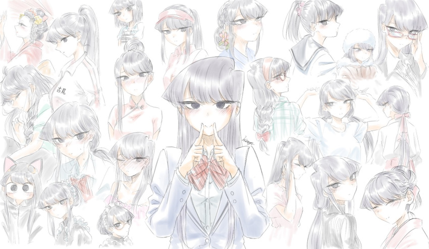 1girl adjusting_eyewear aged_down animal_ears apron arms_up black_eyes black_hair blue_jacket blush bow bowtie braid cat_ears chinese_clothes closed_eyes collared_shirt fake_animal_ears fingers_to_mouth glasses hair_bun hair_ornament hair_ribbon hand_in_own_hair headband high_ponytail highres itan_private_high_school_uniform jacket japanese_clothes kimono komi-san_wa_komyushou_desu komi_shouko long_hair looking_at_viewer maid_apron maid_headdress miko mitsugu pajamas ponytail profile ribbon school_uniform shirt short_hair sidelocks smile sweater swept_bangs track_suit variations visor_cap white_background white_shirt wide-eyed winter_clothes