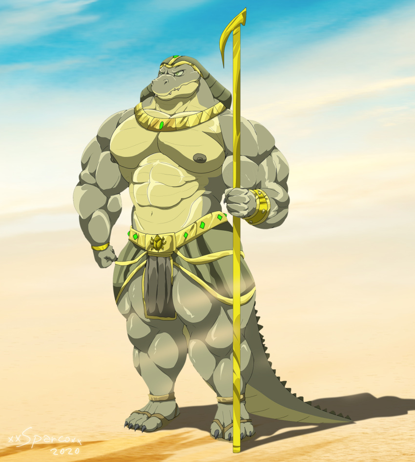 2020 abs absurd_res anthro armor artist_name belly_scales bottomwear bracers clothing crocodile crocodilian crocodylid decorative_scarab digital_media_(artwork) egyptian_clothing egyptian_headdress egyptian_mythology footwear green_body green_eyes green_scales hi_res loincloth male melee_weapon middle_eastern_mythology multicolored_body multicolored_scales muscular muscular_anthro muscular_male mythology navel nipples pecs polearm reptile sandals scales scalie sobek sobek_(xxsparcoxx) solo two_tone_body two_tone_scales weapon xxsparcoxx