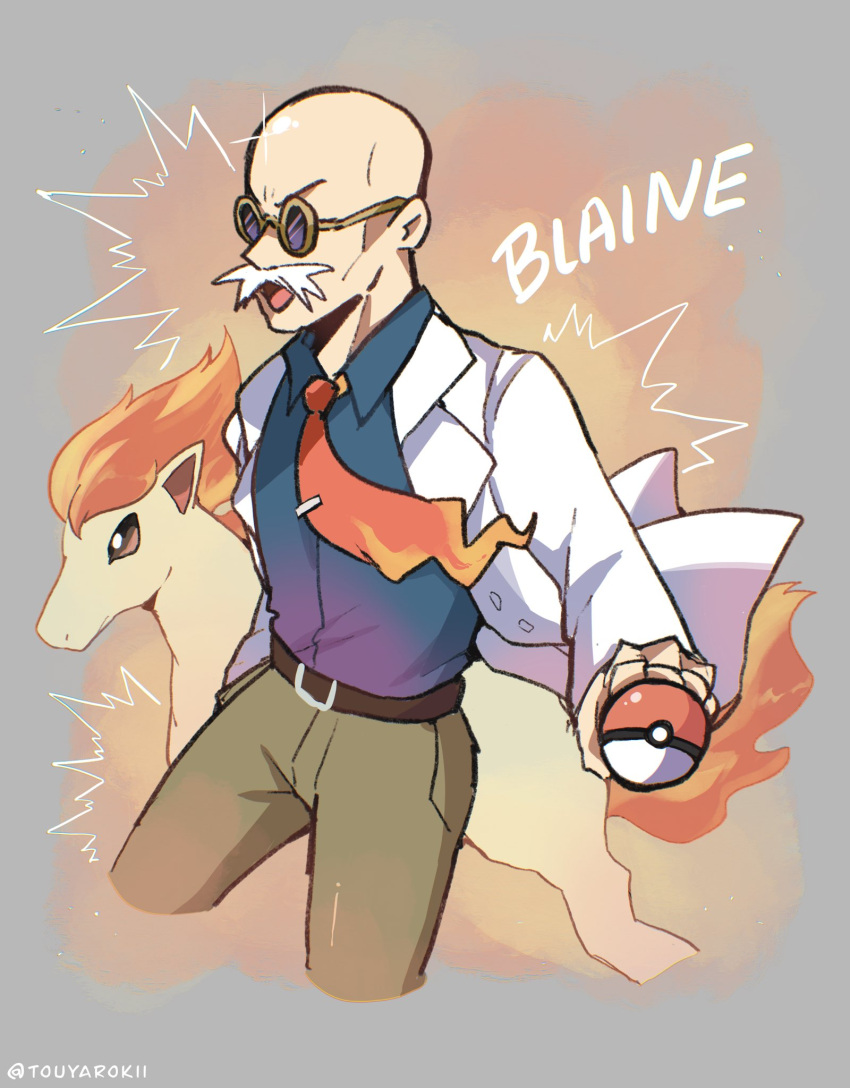 1boy belt blaine_(pokemon) blue_shirt brown_eyes brown_pants character_name collared_shirt commentary cropped_legs english_commentary facial_hair fire glint grey_background highres holding holding_poke_ball horse male_focus mustache necktie old old_man open_mouth orange_background pants poke_ball poke_ball_(basic) pokemon pokemon_(creature) pokemon_lgpe ponyta purple-tinted_eyewear red_necktie round_eyewear shirt suit tail tinted_eyewear touyarokii two-tone_background v-shaped_eyebrows white_hair white_suit yellow-framed_eyewear
